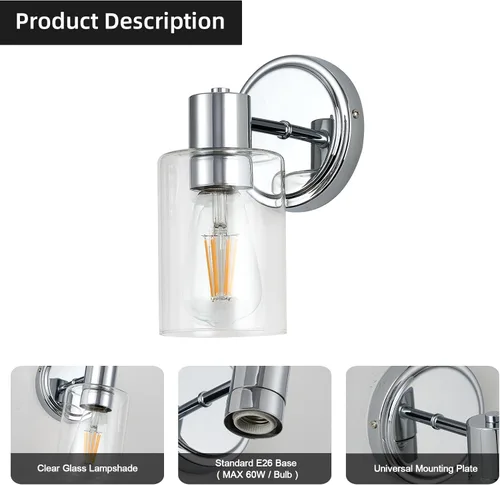 Miniatura 3 de Apliques de Pared de Baño de 2 Luces con Cristal Transparente, Luces de Pared de Baño Sobre Espejo, Luces de Tocador Cromadas con Base E26