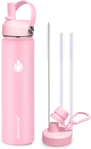 Miniatura 32 de SENDESTAR Botella de agua aislada de 24 onzas, boca ancha, botella de agua de 24 onzas con tapa con popote, tapa de boquilla, acero inoxidable