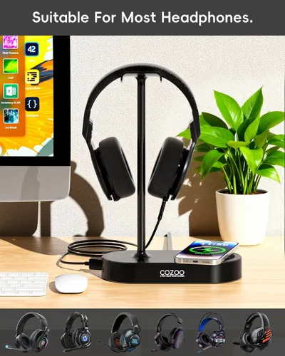 Miniatura 4 de COZOO Soporte para auriculares con almohadilla de carga inalámbrica rápida y 2 puertos de carga USB, adecuado para juegos, DJ, accesorios