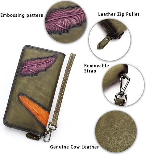 Miniatura 5 de Cartera de cuero genuino con cremallera alrededor de la muñeca bolso largo vintage en relieve de piel de vaca capacidad embrague hecho a mano