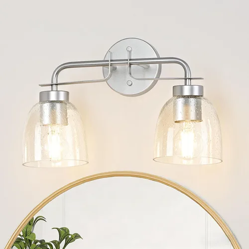 Miniatura 16 de Luces de tocador modernas de mediados de siglo de 16 pulgadas, lámpara dorada de 2 luces con pantallas de campana blancas esmeriladas, aplique