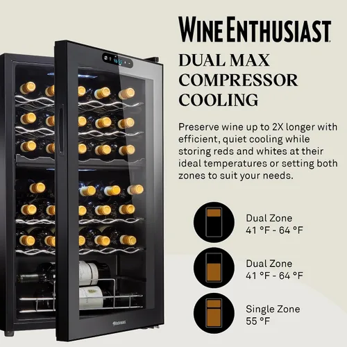 Miniatura 7 de Wine Enthusiast Enfriador de vino con compresor MAX de doble zona de 32 botellas, mini refrigerador independiente con pantalla táctil digital
