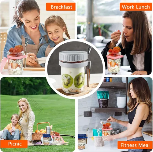 Miniatura 2 de Recipientes de avena con tapas y cuchara, juego de 2 frascos herméticos de 12 onzas con marcas de medición, vasos reutilizables para yogur de Blanco