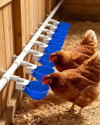 Miniatura 8 de Vasos para beber pollo (paquete de 8) con broca de 3/8 pulgadas, color azul Automatic Poultry Drinker Feeder Kit for Chickens, Ducks, Turkeys