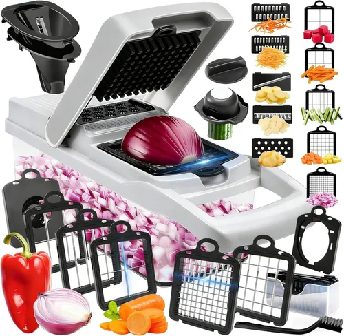 Miniatura 8 de Picador de verduras, cortador de 10 cuchillas para cortar cebolla, cortador de alimentos con mandolina vegetal Multi 23 en 1 para tomate fruta, Negro