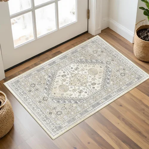 Tapete de pasillo; lavable, antideslizante, suave, estilo vintage; para interiores, puerta de entrada, baño, lavandería, cocina, dormitorio (beige,