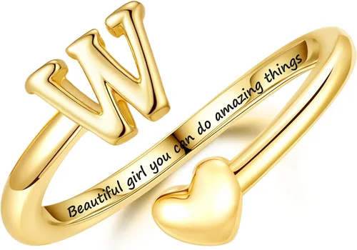 Miniatura 26 de Turandoss Regalos para el día de San Valentín para adolescentes, anillos de oro para niños, chapados en oro de 14 quilates con inicial para letra A
