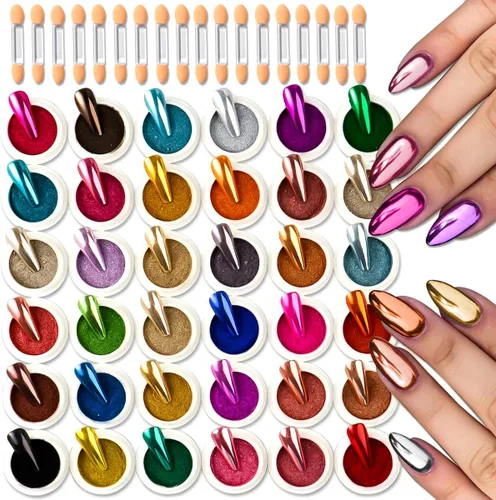 Kit de 36 tarros de polvo de uñas cromado, espejo metálico, pigmento de polvo cromado para uñas de gel, juego de polvo holográfico con purpurina