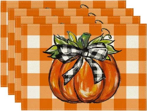 Miniatura 9 de Artoid Mode Juego de 4 manteles individuales de otoño con diseño de calabaza a cuadros de búfalo de 12 x 18 pulgadas para decoración de fiestas