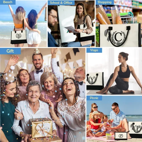 Miniatura 8 de Bolsa de lona con inicial, bolsa de maquillaje, bolsa de playa con cremallera, regalos personalizados para el día de la madre para mamá y abuela