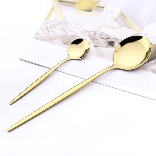 Miniatura 4 de Juego de cubiertos de acero inoxidable 18/0 con espejo, 24 piezas, incluye cuchillo, tenedor, cuchara, cucharadita, cubiertos para el hogar, Dorado
