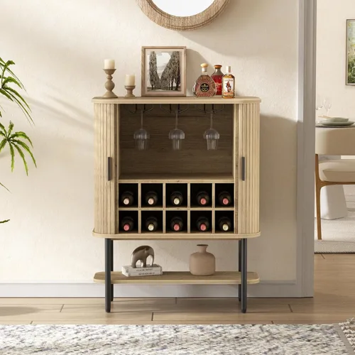 Miniatura 12 de FiveWillowise Gabinete de Bar de Café Negro con Almacenamiento, Gabinete de Licores y Vinos Acanalado con Puertas Corredizas, Portavasos