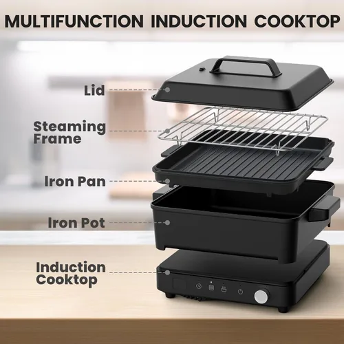 Miniatura 6 de Placa de cocción de inducción portátil, placa de inducción de 1500 W con 6 ajustes de temperatura, 8 potencia, temporizador de 99 minutos, incluye