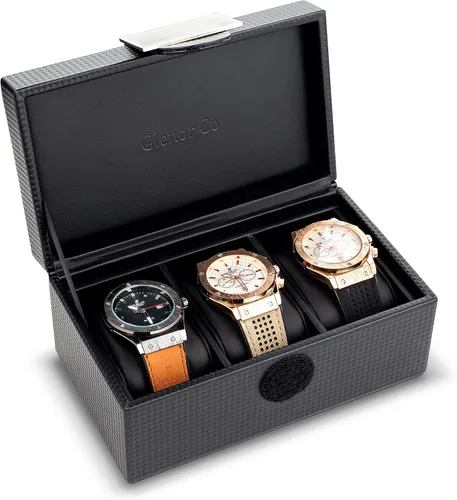 Miniatura 2 de Funda para reloj de viaje, caja de 3 ranuras para relojes de hombre, soporte para reloj de hombre con hebilla de metal, diseño de fibra de carbono