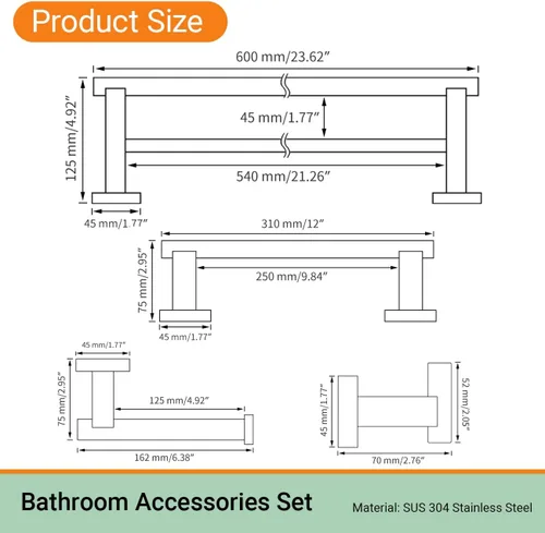 Miniatura 7 de Hoooh - Toallero de baño de acero inoxidable para baño, cocina, montaje en pared