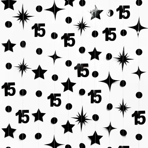Miniatura 4 de Decoraciones negras de cumpleaños número 15, guirnalda de estrellas centelleantes con el número 15, pancarta metálica para niñas y niños, vítores a