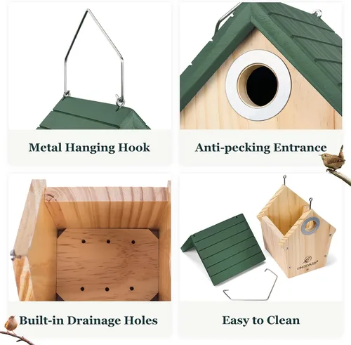 Miniatura 2 de Kingsyard Casa de Pájaros de Madera con Protección contra Depredadores, Nido para Gorrión para Exteriores, Caja de Nido de Jardín y Patio