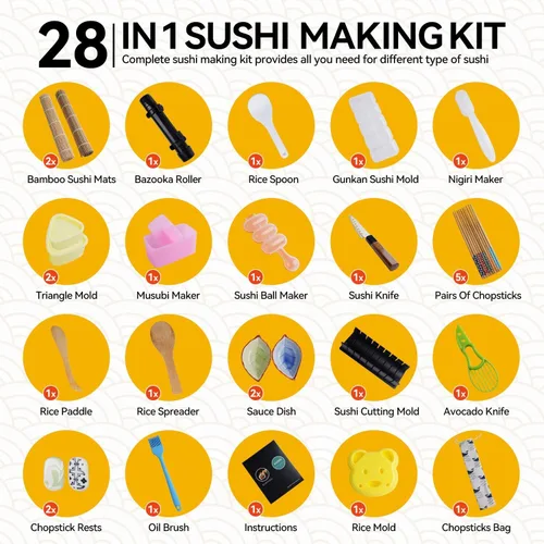 Miniatura 4 de Kit de Fabricación de Sushi, Juego Profesional de Fabricación de Sushi con Bazooka y Rodillo Incluye Alfombrilla de Bambú, Molde de Corte, Cuchillo