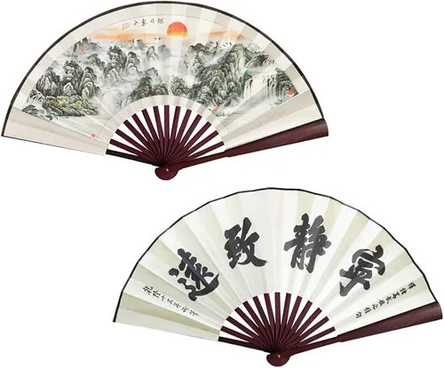 Miniatura 8 de Fox Baby 2 abanicos de mano plegables grandes, abanicos de tela de bambú de 13 pulgadas con pintura tradicional china para rendimiento, decoraciones