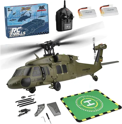 WL K170 Helicóptero RC, 2.4G 4CH Flybarless 6-Axis Giroscopio Altitude Hovering RC Helicóptero militar con soporte de exhibición y almohadillas de