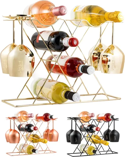 Miniatura 9 de Gusto Nostro Estantes de vino pequeños para 8 botellas y 4 vasos, estante de vino para encimera con soporte para vidrio, moderno estante de vino