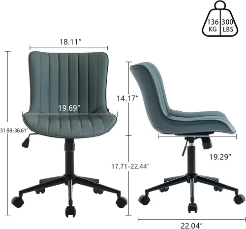 Miniatura 3 de YOUNIKE Silla ergonómica de oficina sin brazos, de piel sintética, pequeña y bonita silla de escritorio con respaldo mecedora de 12°, altura verde