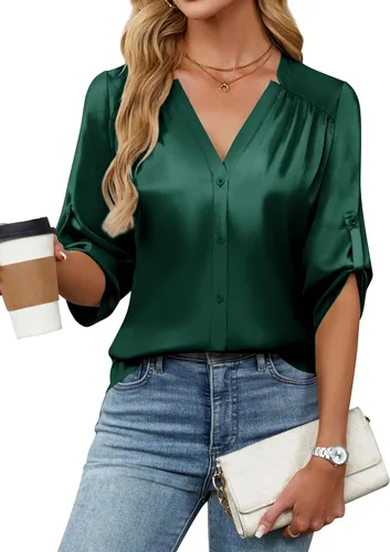 Miniatura 15 de Blooming Jelly Camisas con botones para mujer de manga 3/4, tops casuales elegantes, blusas de negocios de satén de seda plisado 2025