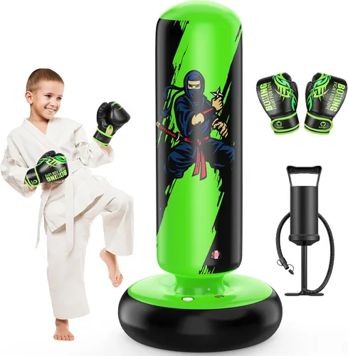 QPAU - Saco de Boxeo para Niños, Bolsa de Boxeo Inflable Estable de 66 Pulgadas con Guantes de Boxeo, Soporte, Juguetes de Boxeo para Niños de 6 a