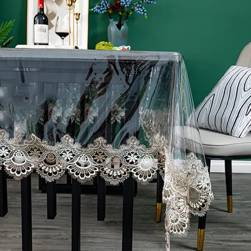 Miniatura 9 de Mantel redondo de plástico transparente, impermeable, de vinilo, PVC, bordado, borde de encaje, transparente, para cocina, uso en exteriores e