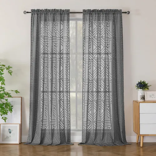 Miniatura 34 de Simplebrand Cortinas traslúcidas negras de cocina de 24 pulgadas de largo, 2 paneles, filtrado de luz, geométrico jacquard con textura, cortinas