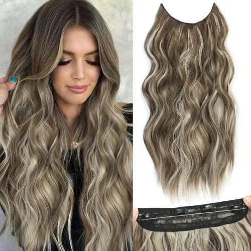 Miniatura 35 de Extensiones de cabello con halo de 12 pulgadas con alambre invisible, cabello largo ondulado ajustable, sintético, mejora con 4 clips de seguridad