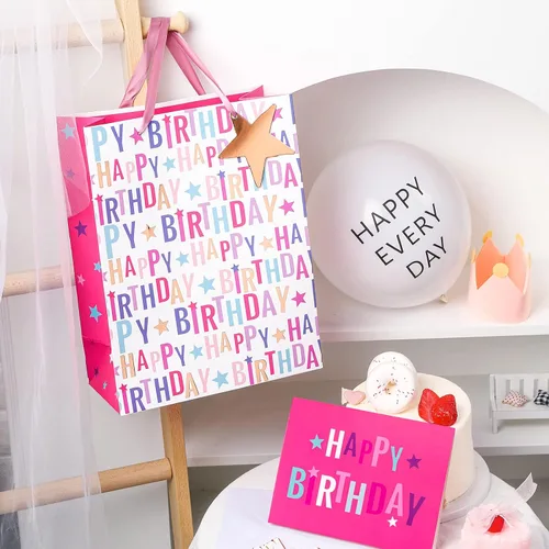 Miniatura 5 de LeZakaa Bolsa de regalo de cumpleaños de 13 pulgadas, bolsa de regalo mediana rosa con papel de seda, etiqueta de regalo y tarjeta, letras de feliz