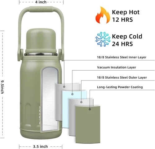 Miniatura 2 de BJPKPK - Botellas de agua termoaisladas de 27 onzas con tapa y asa de transporte, botellas de agua de acero inoxidable libres de BPA para la Verde