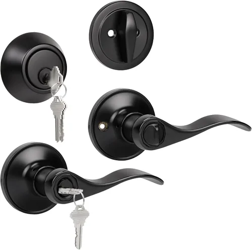 KNOBWELL Juego de manija de palanca de entrada y cerrojo de un solo cilindro con llaves iguales, cerradura de perilla de puerta exterior con cerrojo