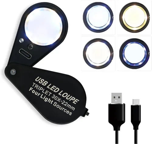 Lupa iluminada de metal completo de 30X con cuatro modos de iluminación, plegable de bolsillo, lupa de ojo de 0.866 in, triplete, lente de mano,
