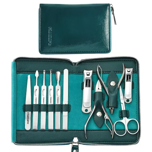 Miniatura 19 de FAMILIFE - Kit de manicura profesional para uñas, 11 en 1, de acero inoxidable, con estuche de viaje portátil de cuero negro, regalos de lujo para él