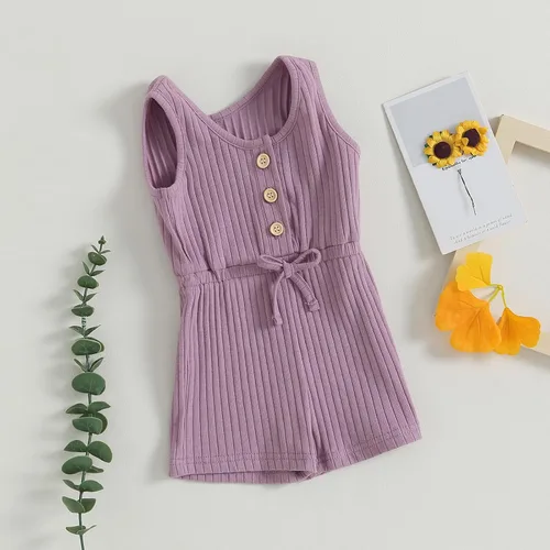 Miniatura 60 de Traje de verano para niña pequeña, de manga corta, acanalado, overol liso, pantalones cortos, ropa para recién nacidos