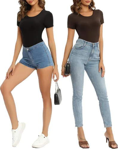 Miniatura 6 de MANGOPOP Women's Double Layered Short Sleeve Long Sleeve Bodysuit Basic T Shirts Tops