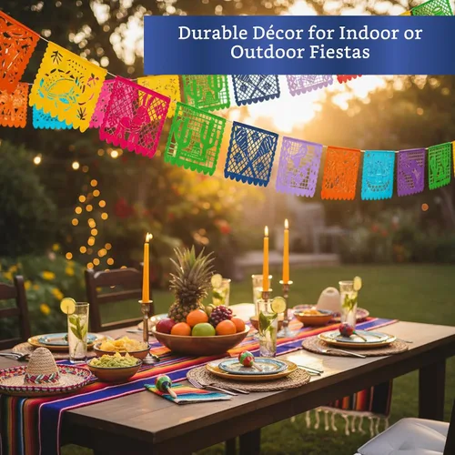 Miniatura 7 de Pancartas de fiesta mexicana (paquete de 5 con 10 banderas de plástico por bandera), papel picado mexicano para fiesta, papel picado de plástico