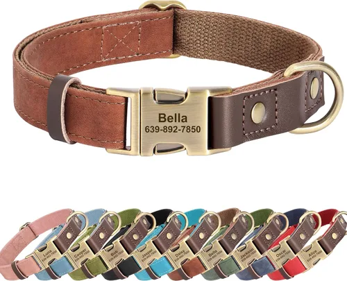 Collares personalizados de piel sintética suave con nombre de mascota y número de teléfono para perros medianos, collares ajustables y duraderos con