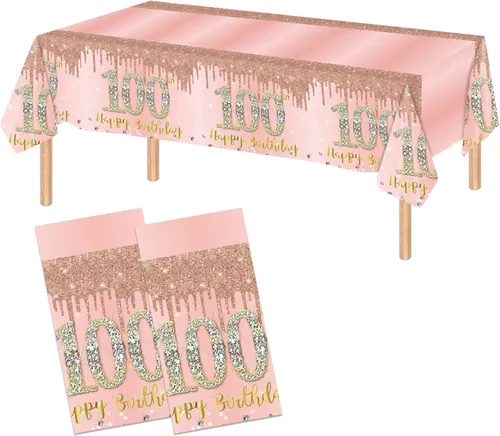 Mantel de mesa de cumpleaños número 100 de color rosa dorado rosa para mujer, decoraciones de feliz cumpleaños número 100 para mujeres, suministros