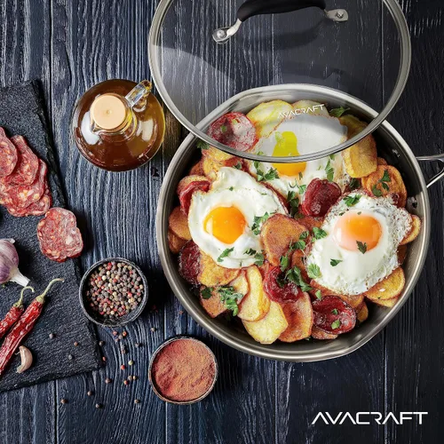 Miniatura 6 de AVACRAFT - Sartén de acero inoxidable 18/10 con tapa de cristal, dos boquillas laterales para fácil verter y mango ergonómico, sartén, 12 pulgadas