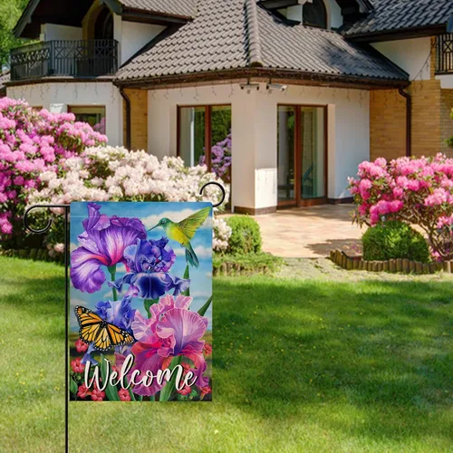 Miniatura 5 de Hzppyz Bandera de bienvenida para jardín de colibrí de primavera de doble cara, flor morada, pájaro amarillo, mariposa, decorativa, casa, patio
