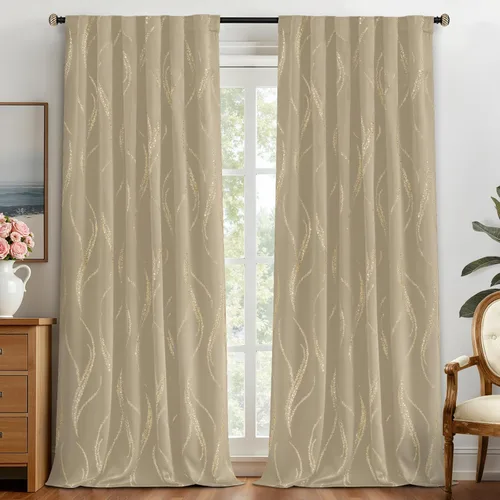 Miniatura 51 de Yakamok Cortinas opacas de 84 pulgadas de largo para sala de estar, con aislamiento térmico, patrón de líneas onduladas doradas, patrón de puntos