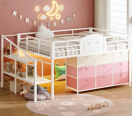 Miniatura 10 de VIAGDO Cama baja tipo loft de tamaño individual con 9 cajones de almacenamiento y luces LED, cama tipo loft de metal individual con almacenamiento