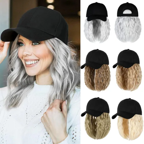 Miniatura 16 de Gorra de béisbol con extensiones de cabello, peluca ajustable, gorra rizada de 14 pulgadas, peluca sintética para mujer, marrón claro mezcla