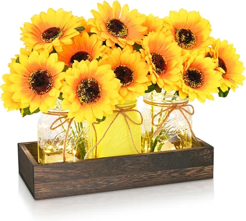 Miniatura 12 de BLEUM CADE Decoración de mesa de centro de mesa, 3 piezas de flores artificiales de hortensias en frascos Mason con bandeja de madera para mesa