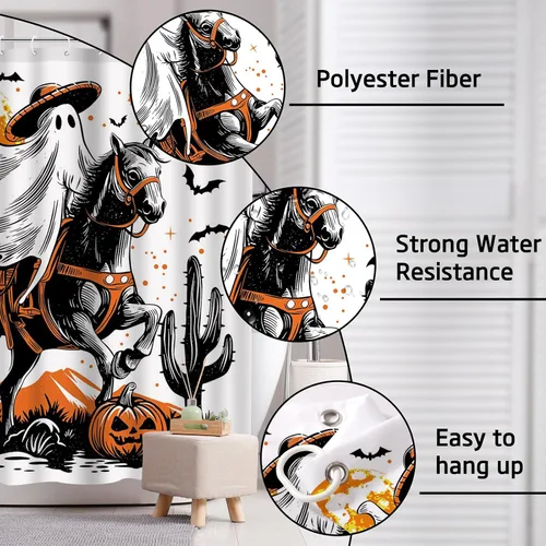 Miniatura 5 de Ticuenicoa Juego de 4 cortinas de ducha de Halloween con diseño de jinete fantasma, incluye cortina de ducha de 72 x 72 pulgadas, alfombras de baño
