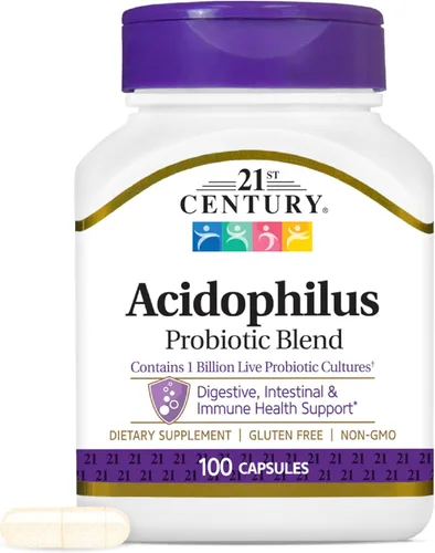 21st Century Acidophilus Cápsulas de mezcla de probióticos (100 unidades), suplemento probiótico diario con Lactobacillus Acidophilus, apoya la
