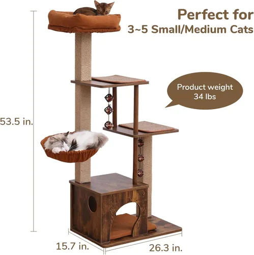 Miniatura 3 de FUKUMARU Árbol para gatos, torre grande y moderna 4 en 1 para gatos con poste rascador de yute y hamaca, condominio de madera para gatos con bolas